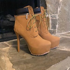 Brown high heeled boots